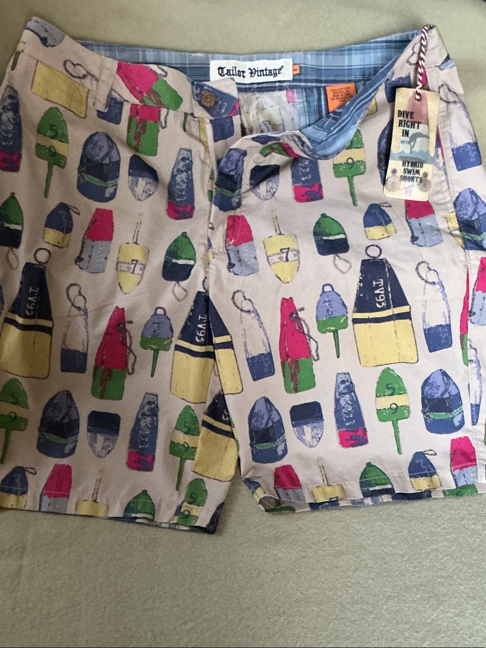 Tailor Vintage Men’s Buoy-Print Hybrid Shorts — Beige with Multicolor Buoys